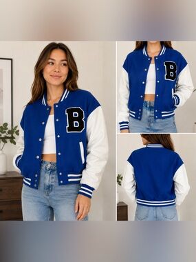 Love Tree Women's Varsity Jacket Blue White Letterman B Patch Snap Front S